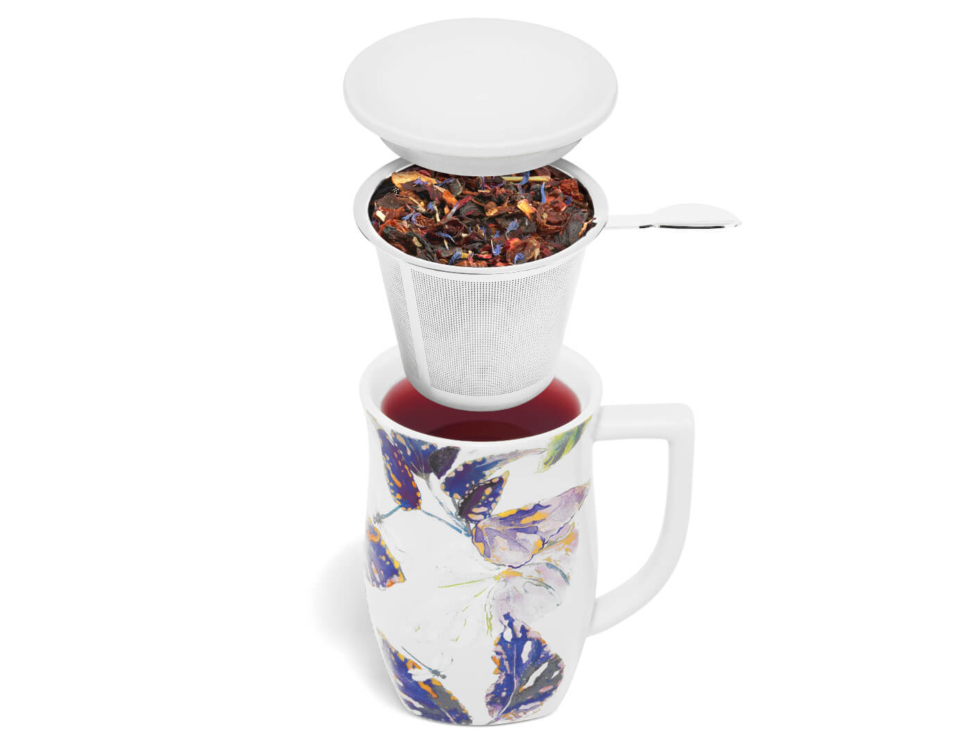 Demoiselle Fiore Steeping Cup, how to use, showing lid off, infuser filled with tea, and cup filled with steeped tea.