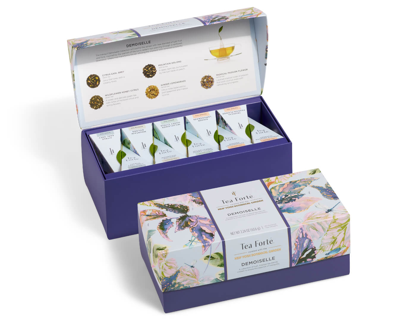 Demoiselle Presentation Box of 20 teas, open and closed box shown